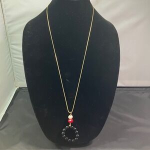 Just Charmed Long Pendant Necklace Gold Tone Beaded Black Red Statement Jewelry
